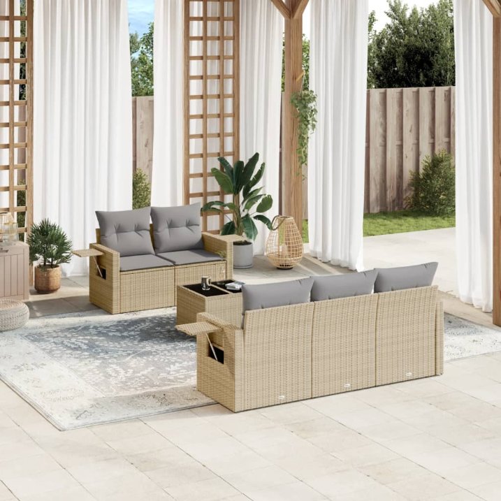 6-tlg. Garten-Sofagarnitur mit Kissen Schwarz Poly Rattan