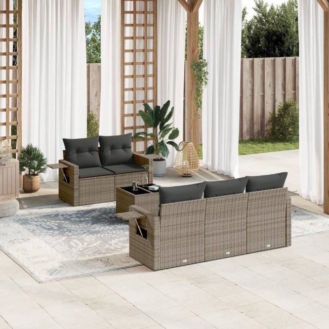 6-tlg. Garten-Sofagarnitur mit Kissen Schwarz Poly Rattan