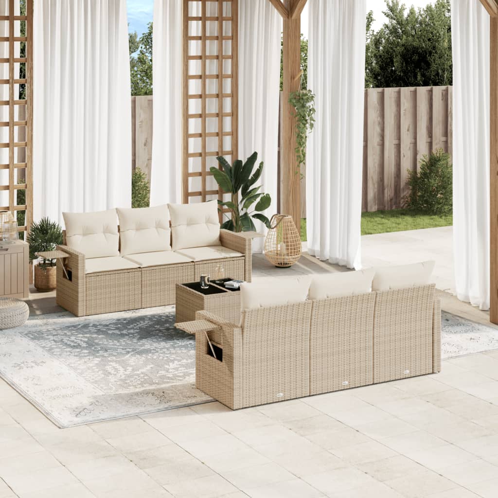 7-tlg. Garten-Sofagarnitur mit Kissen Schwarz Poly Rattan