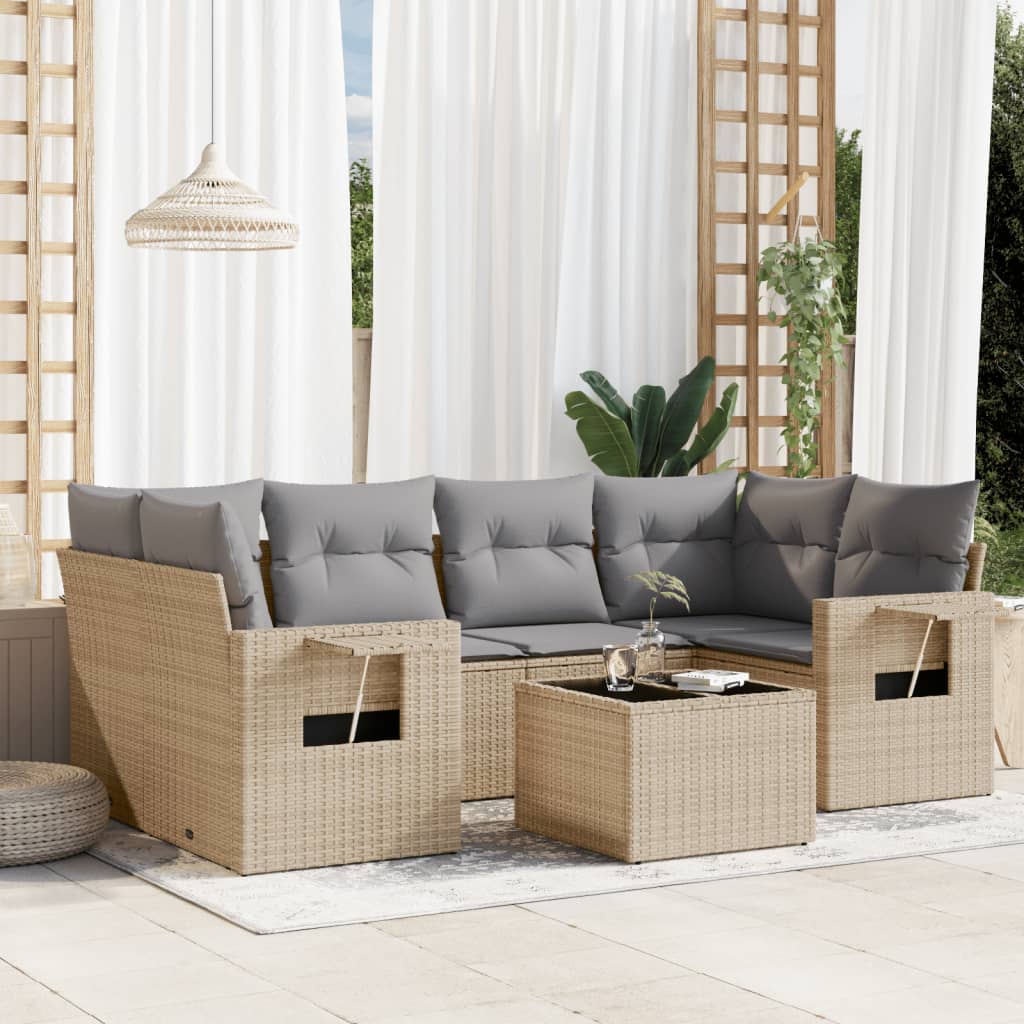 7-tlg. Garten-Sofagarnitur mit Kissen Schwarz Poly Rattan