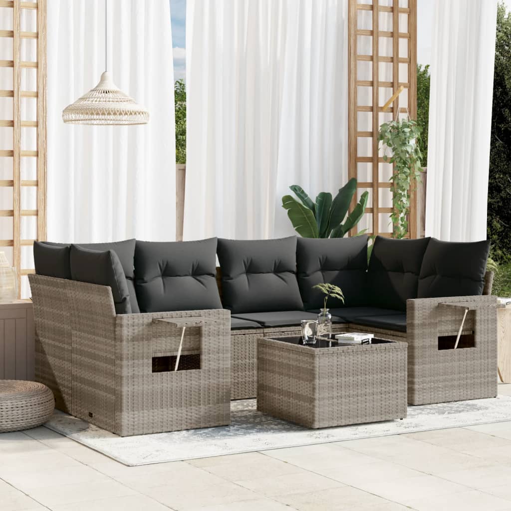 7-tlg. Garten-Sofagarnitur mit Kissen Schwarz Poly Rattan