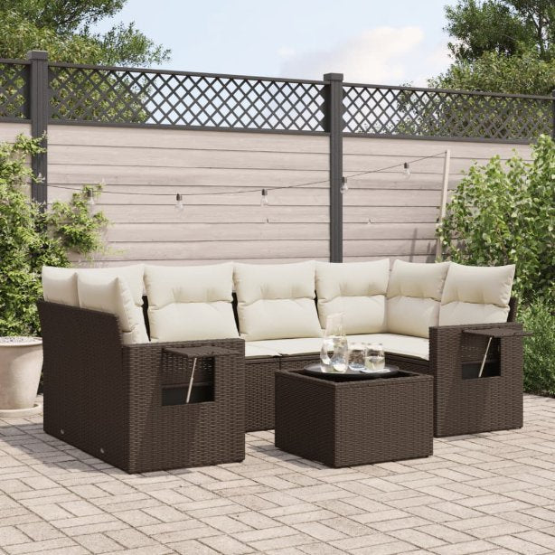 7-tlg. Garten-Sofagarnitur mit Kissen Schwarz Poly Rattan