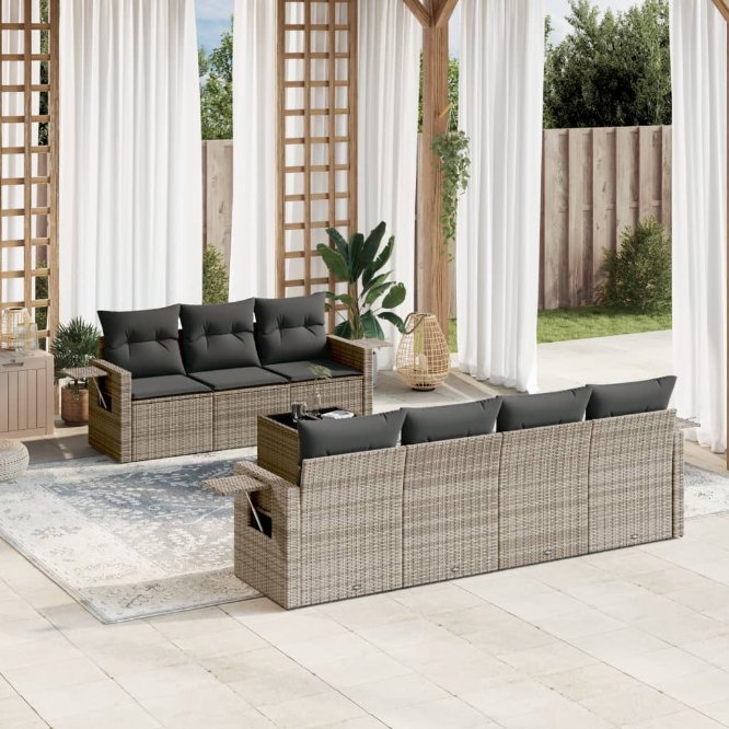 8-tlg. Garten-Sofagarnitur mit Kissen Schwarz Poly Rattan