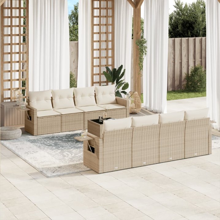 9-tlg. Garten-Sofagarnitur mit Kissen Schwarz Poly Rattan
