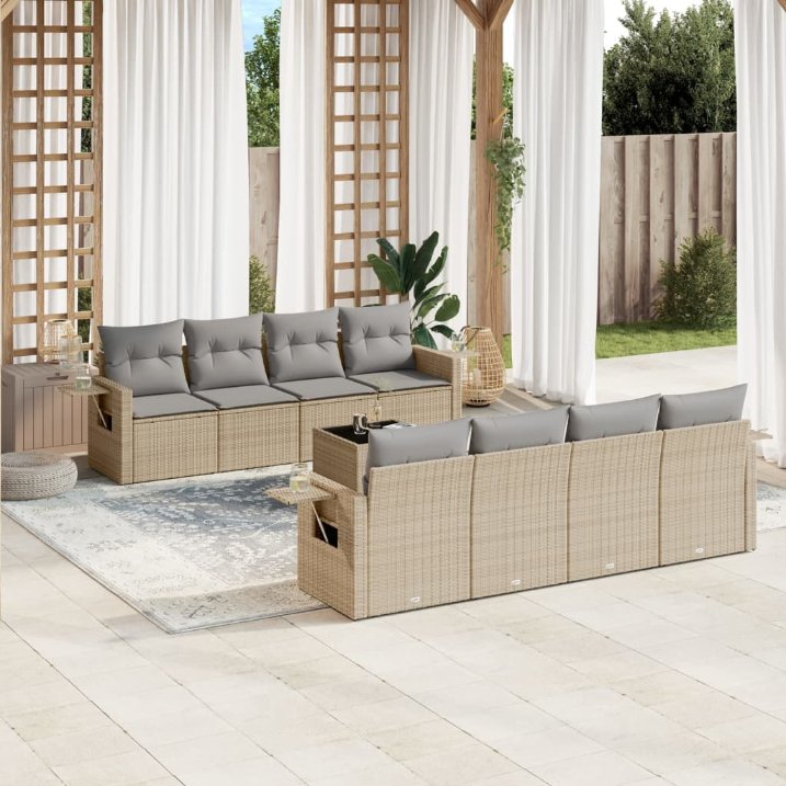 9-tlg. Garten-Sofagarnitur mit Kissen Schwarz Poly Rattan