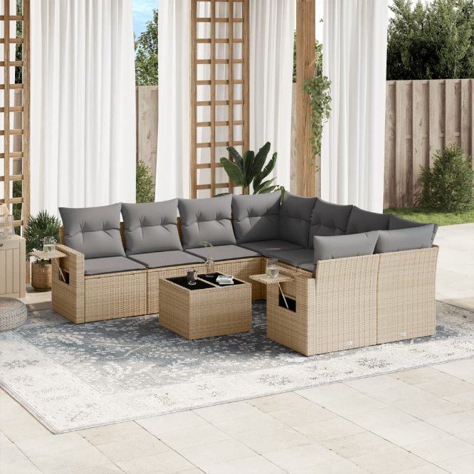 9-tlg. Garten-Sofagarnitur mit Kissen Schwarz Poly Rattan