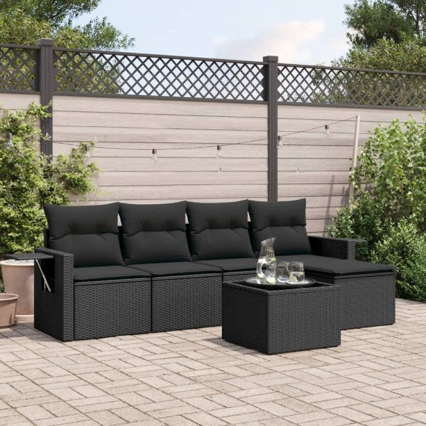 5-tlg. Garten-Sofagarnitur mit Kissen Schwarz Poly Rattan