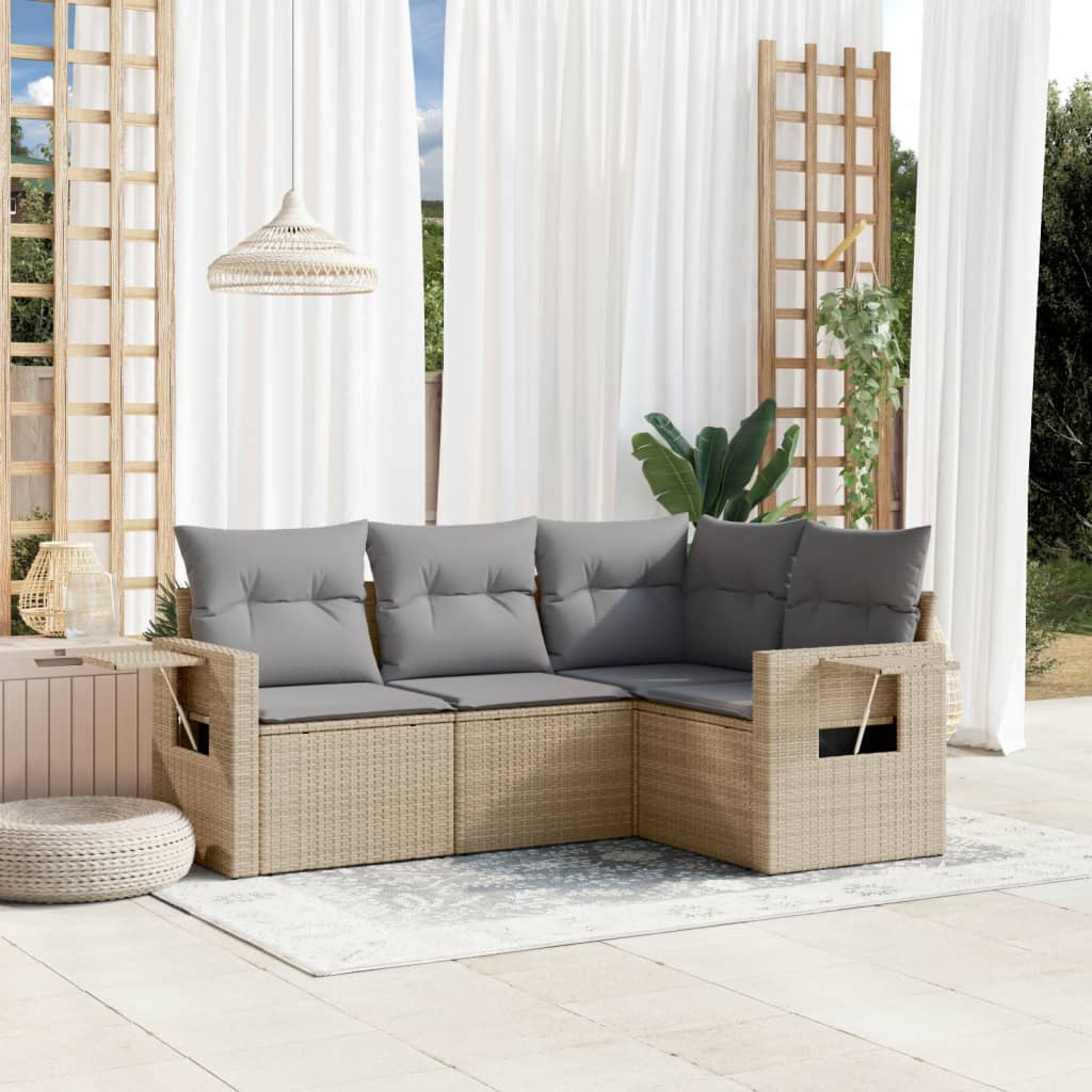 4-tlg. Garten-Sofagarnitur mit Kissen Schwarz Poly Rattan