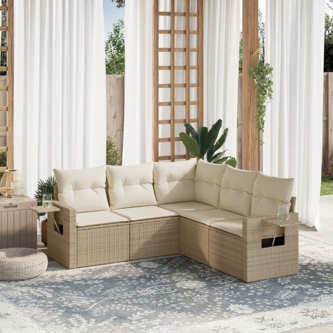 5-tlg. Garten-Sofagarnitur mit Kissen Schwarz Poly Rattan