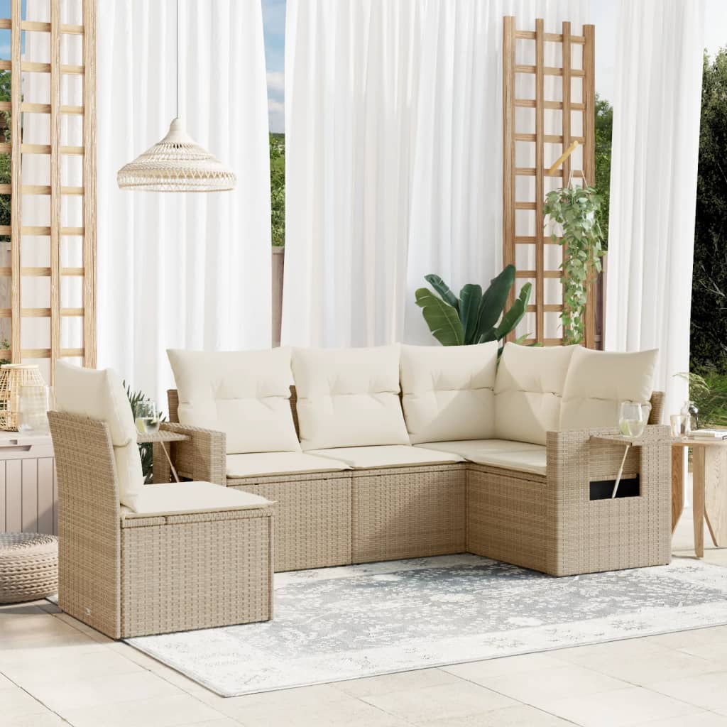 5-tlg. Garten-Sofagarnitur mit Kissen Schwarz Poly Rattan