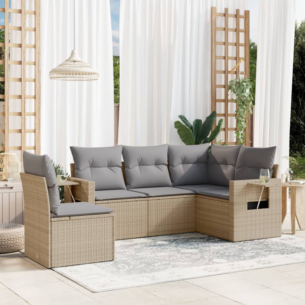 5-tlg. Garten-Sofagarnitur mit Kissen Schwarz Poly Rattan