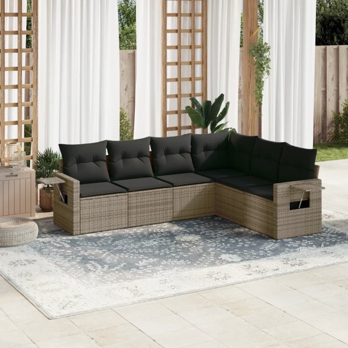 6-tlg. Garten-Sofagarnitur mit Kissen Schwarz Poly Rattan