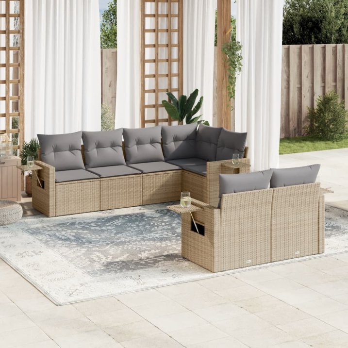 7-tlg. Garten-Sofagarnitur mit Kissen Schwarz Poly Rattan