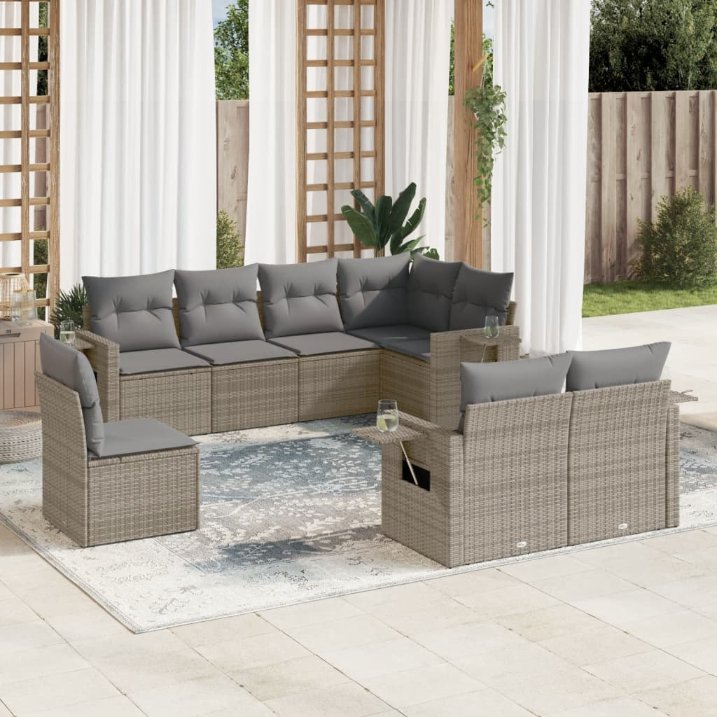 8-tlg. Garten-Sofagarnitur mit Kissen Schwarz Poly Rattan