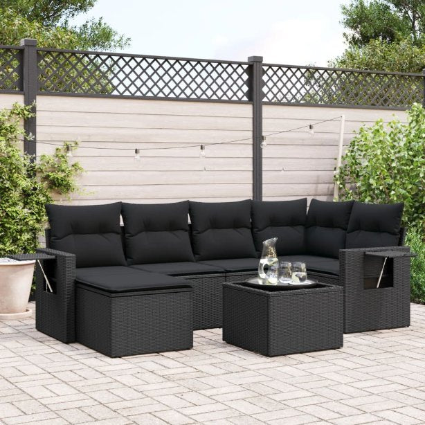 6-tlg. Garten-Sofagarnitur mit Kissen Schwarz Poly Rattan