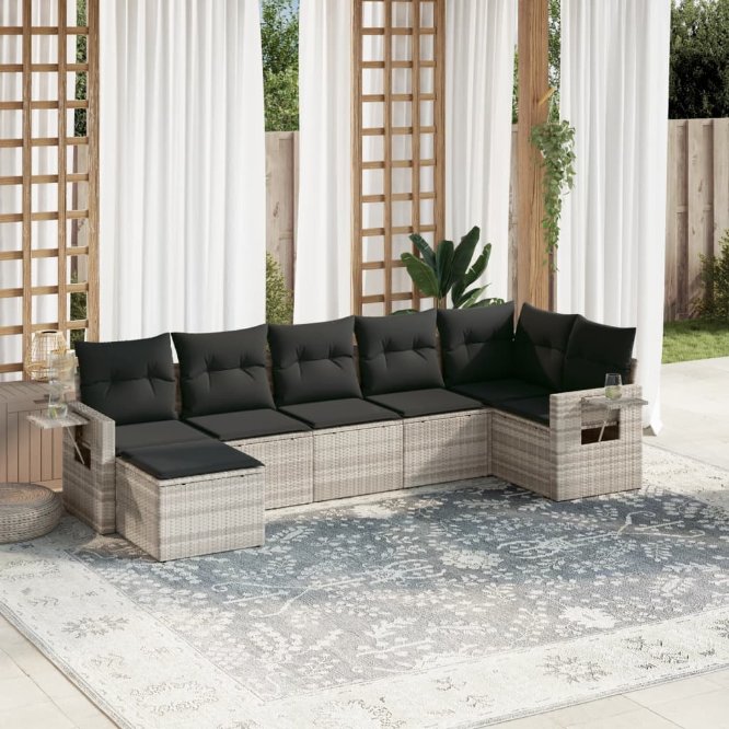 7-tlg. Garten-Sofagarnitur mit Kissen Schwarz Poly Rattan