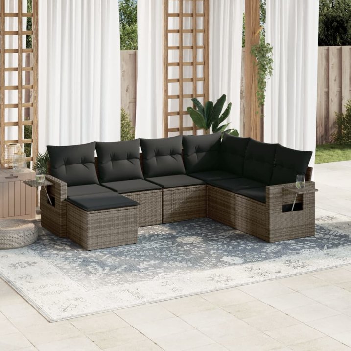 7-tlg. Garten-Sofagarnitur mit Kissen Schwarz Poly Rattan