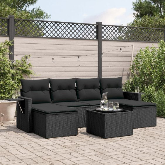 6-tlg. Garten-Sofagarnitur mit Kissen Schwarz Poly Rattan