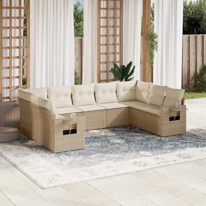 9-tlg. Garten-Sofagarnitur mit Kissen Schwarz Poly Rattan