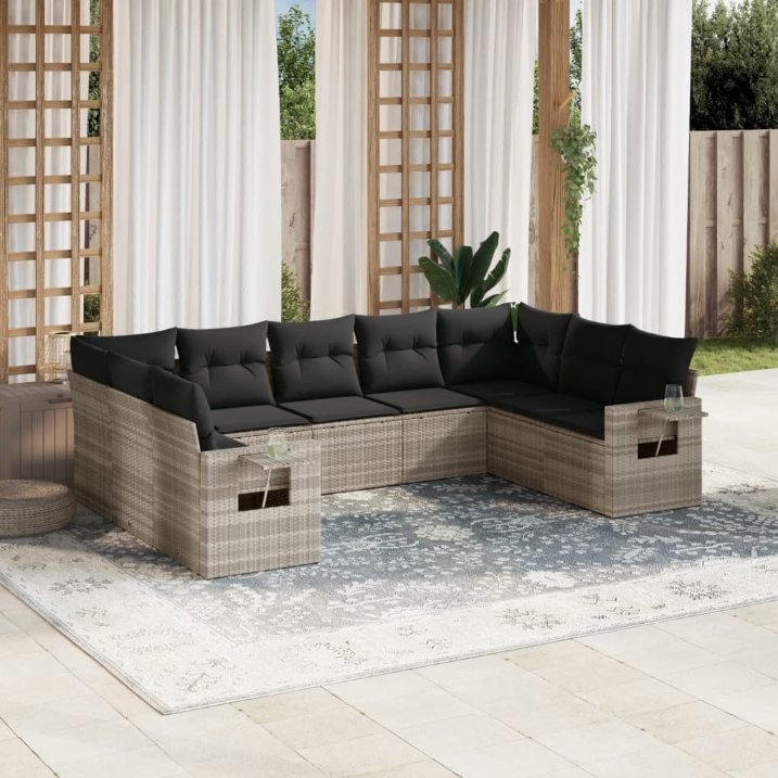 9-tlg. Garten-Sofagarnitur mit Kissen Schwarz Poly Rattan