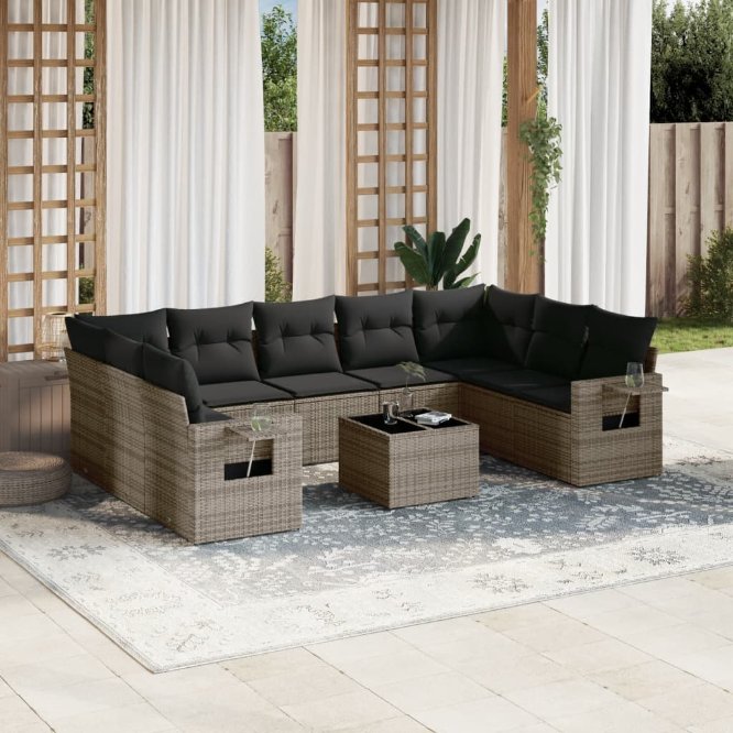 9-tlg. Garten-Sofagarnitur mit Kissen Schwarz Poly Rattan