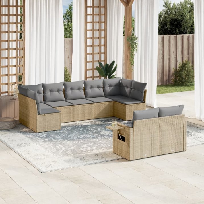 9-tlg. Garten-Sofagarnitur mit Kissen Schwarz Poly Rattan