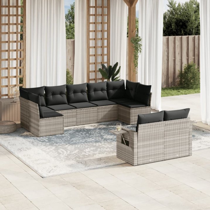 9-tlg. Garten-Sofagarnitur mit Kissen Schwarz Poly Rattan