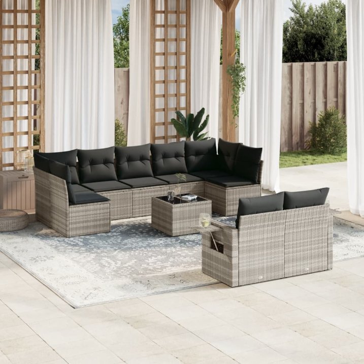 9-tlg. Garten-Sofagarnitur mit Kissen Schwarz Poly Rattan