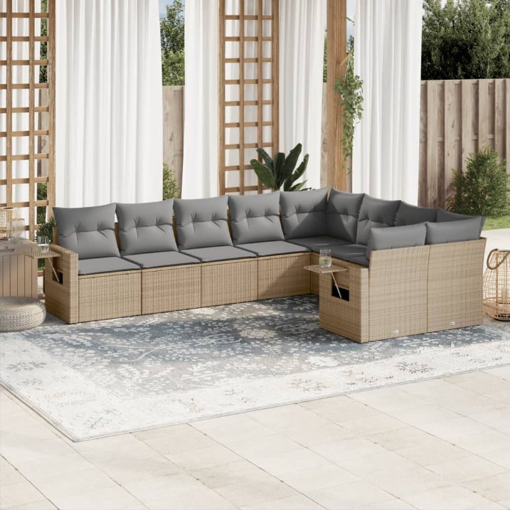 9-tlg. Garten-Sofagarnitur mit Kissen Schwarz Poly Rattan