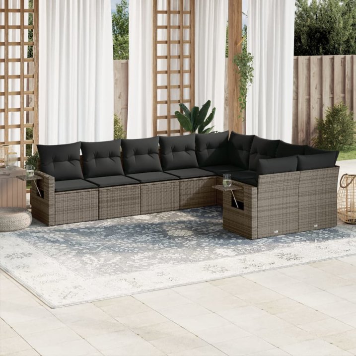 9-tlg. Garten-Sofagarnitur mit Kissen Schwarz Poly Rattan