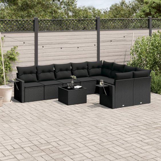 9-tlg. Garten-Sofagarnitur mit Kissen Schwarz Poly Rattan
