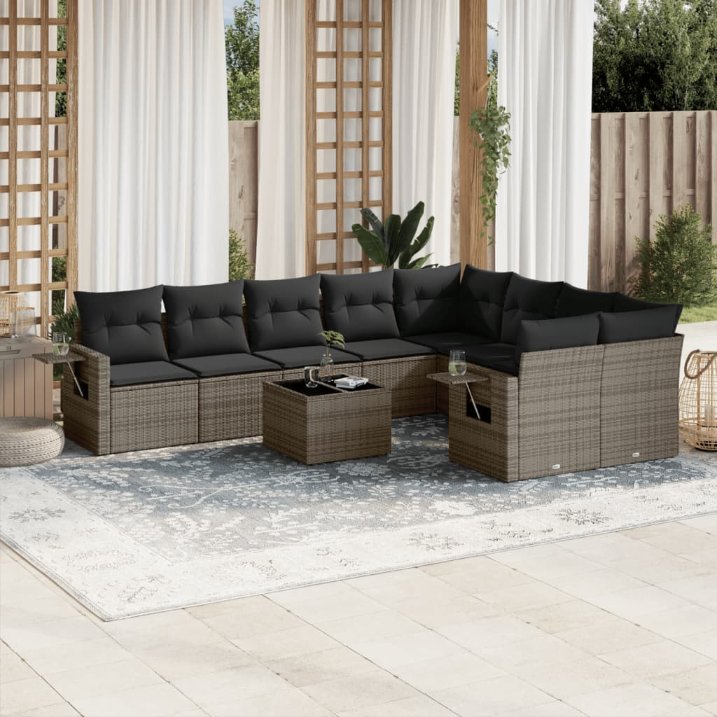 9-tlg. Garten-Sofagarnitur mit Kissen Schwarz Poly Rattan