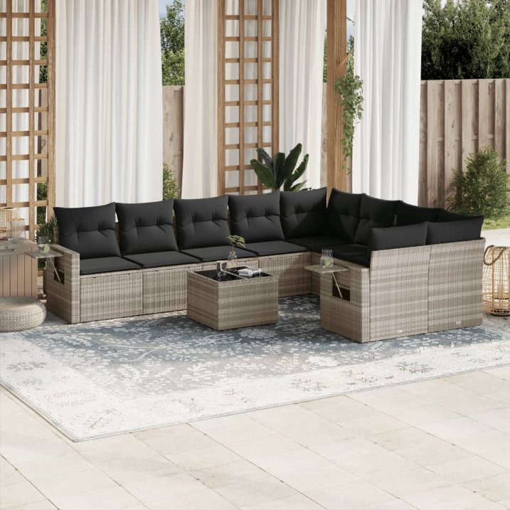 9-tlg. Garten-Sofagarnitur mit Kissen Schwarz Poly Rattan