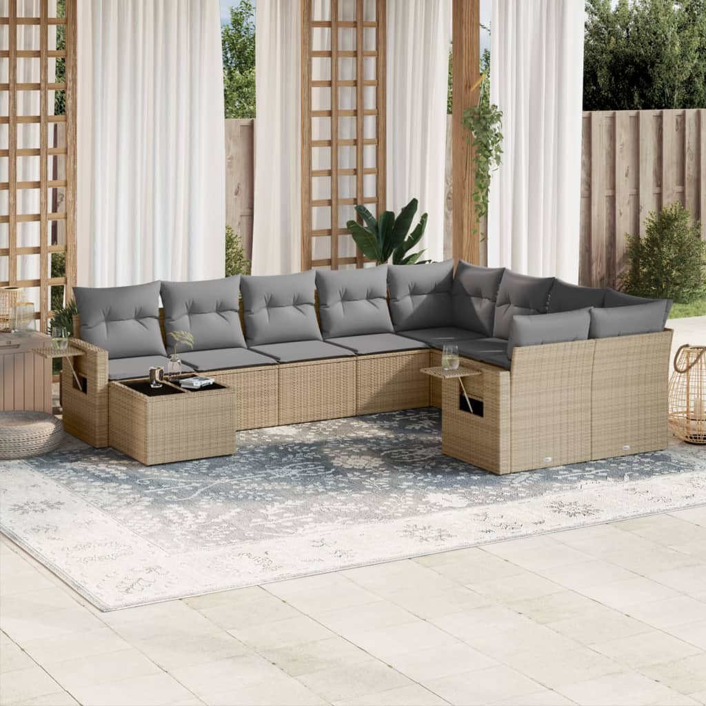 vidaXL 10-tlg. Garten-Sofagarnitur mit Kissen Schwarz Poly Rattan