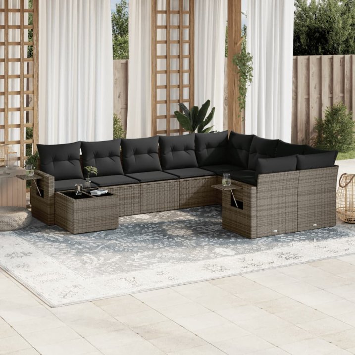 vidaXL 10-tlg. Garten-Sofagarnitur mit Kissen Schwarz Poly Rattan