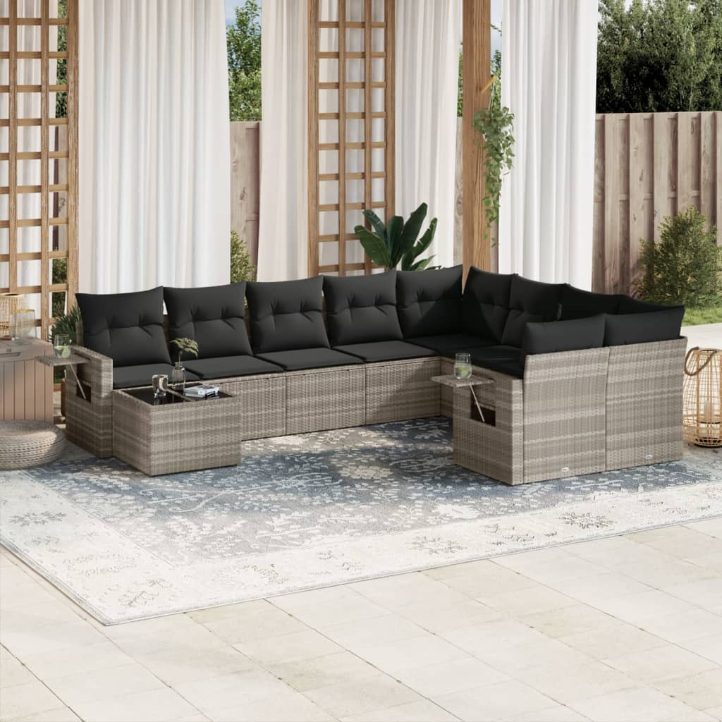 vidaXL 10-tlg. Garten-Sofagarnitur mit Kissen Schwarz Poly Rattan