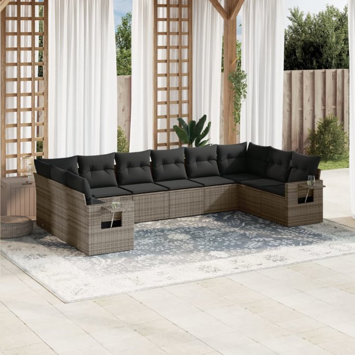 vidaXL 10-tlg. Garten-Sofagarnitur mit Kissen Schwarz Poly Rattan