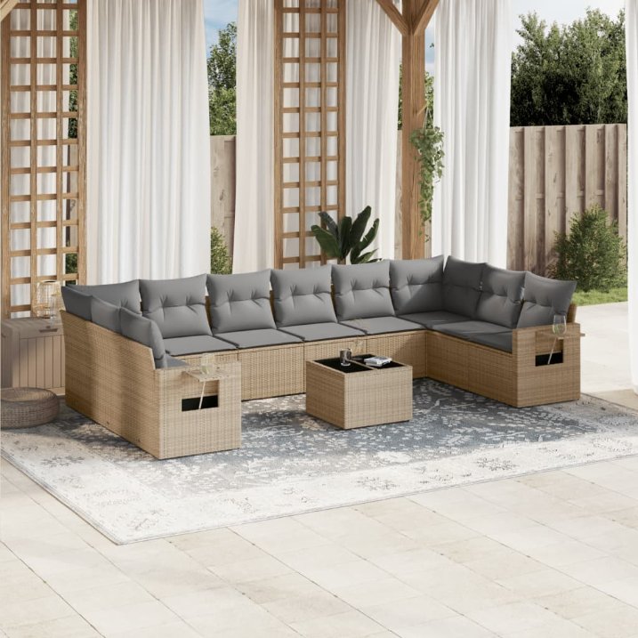 vidaXL 10-tlg. Garten-Sofagarnitur mit Kissen Schwarz Poly Rattan