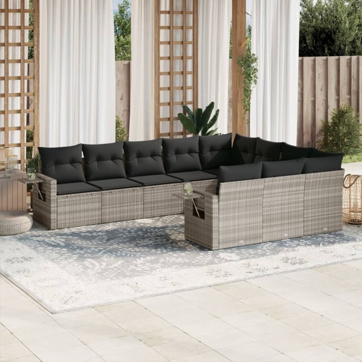 vidaXL 10-tlg. Garten-Sofagarnitur mit Kissen Schwarz Poly Rattan