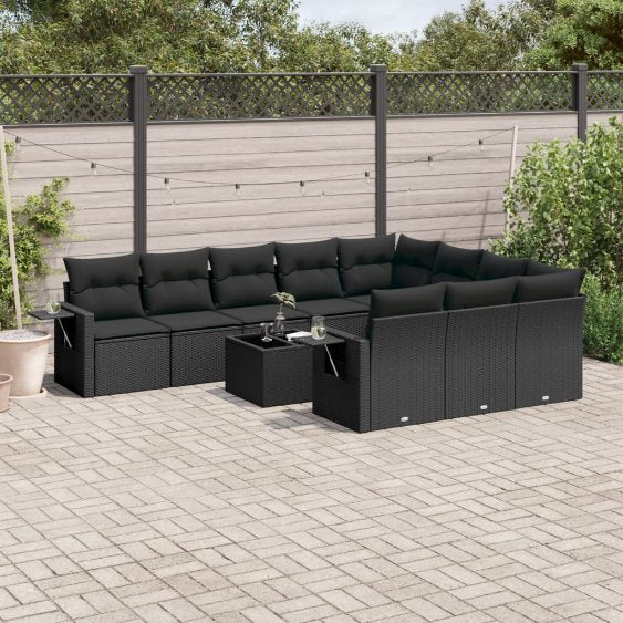 vidaXL 10-tlg. Garten-Sofagarnitur mit Kissen Schwarz Poly Rattan