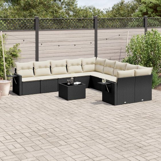 vidaXL 10-tlg. Garten-Sofagarnitur mit Kissen Schwarz Poly Rattan