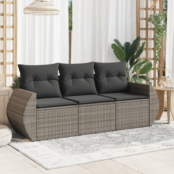 3-tlg. Garten-Sofagarnitur mit Kissen Schwarz Poly Rattan
