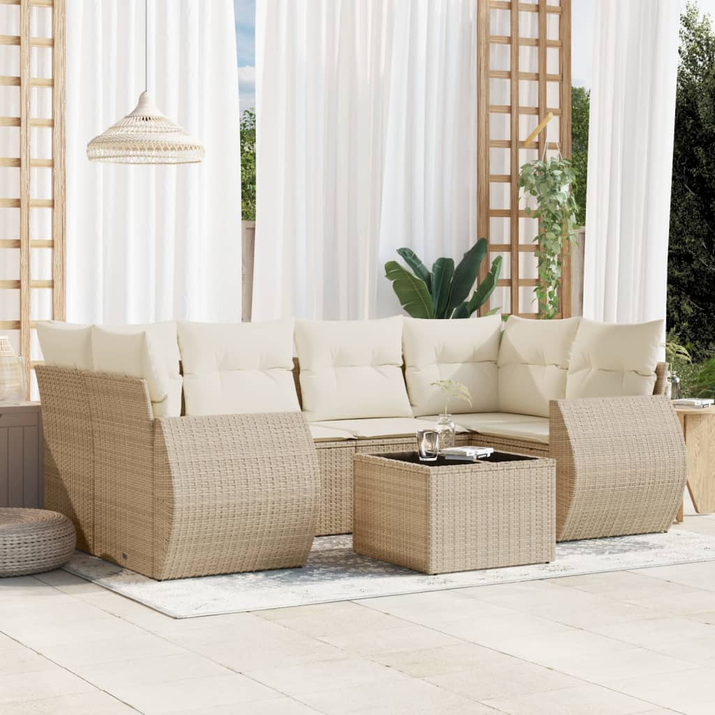 7-tlg. Garten-Sofagarnitur mit Kissen Schwarz Poly Rattan