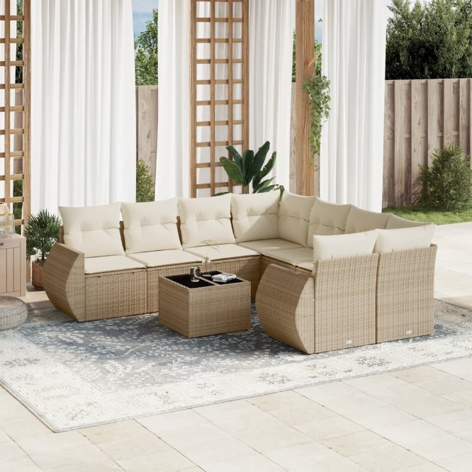 9-tlg. Garten-Sofagarnitur mit Kissen Schwarz Poly Rattan