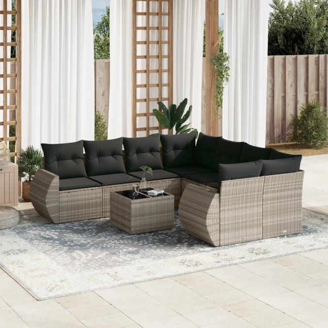 9-tlg. Garten-Sofagarnitur mit Kissen Schwarz Poly Rattan