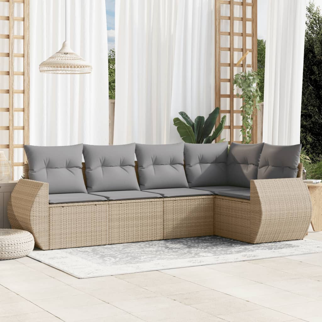 5-tlg. Garten-Sofagarnitur mit Kissen Schwarz Poly Rattan