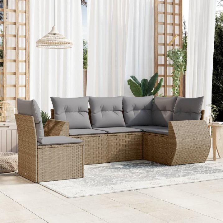 5-tlg. Garten-Sofagarnitur mit Kissen Schwarz Poly Rattan