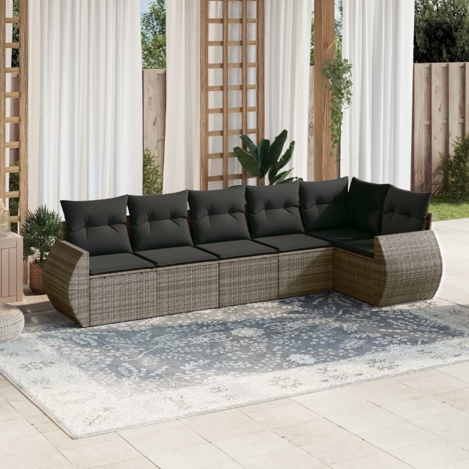 6-tlg. Garten-Sofagarnitur mit Kissen Schwarz Poly Rattan