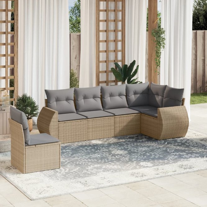 6-tlg. Garten-Sofagarnitur mit Kissen Schwarz Poly Rattan