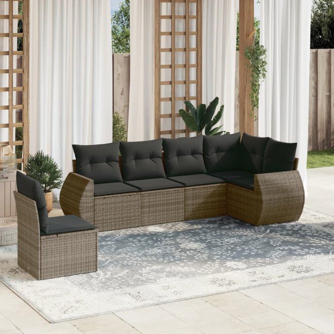 6-tlg. Garten-Sofagarnitur mit Kissen Schwarz Poly Rattan